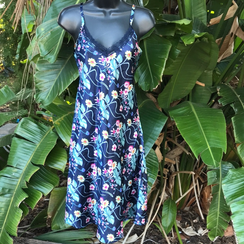 lace trim satin dark  floral slip dress